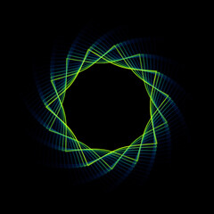 Dark blue gradient green star vortex spirograph circle ring. Use photoshop layer mode lighten, screen, linear dodge (add) to remove the background	