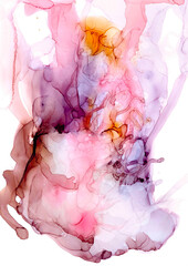 Abstract stylized human silhouette among a light air bubble cloud. Fluffy watercolor illustration in a peach-pink gradient with purple spots. Pastel wallpaper in fluid art technique for pacification.