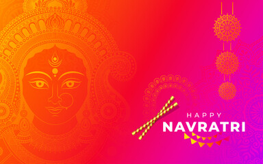 Happy Navratri Festival Greeting Background  Design with Hindu Goddess Durga Face Illustration