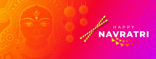 Happy Navratri Festival Banner Background with Hindu Goddess Durga Face Illustration