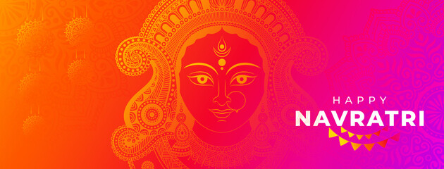 Happy Navratri Festival Banner Background with Hindu Goddess Durga Face Illustration - obrazy, fototapety, plakaty