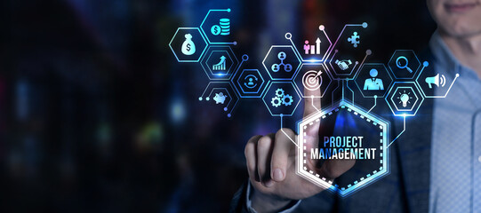 Internet, business, Technology and network concept. Project management concept. Virtual button.