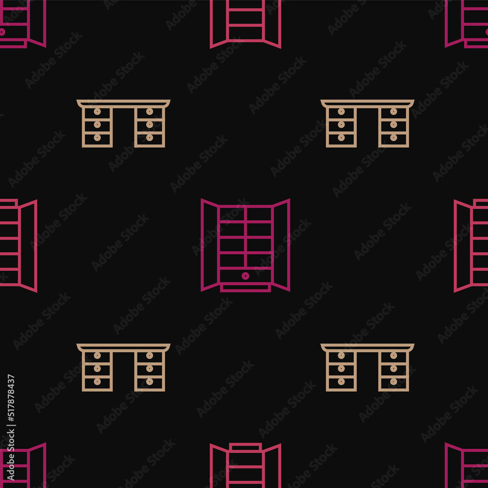 Poster set line wardrobe, office desk and on seamless pattern. vector