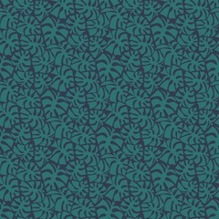 Green hand-drawn monstera leaves on blue seamless pattern vector. Floral surface design with tropical wild plants. Jungle complex pattern with natural monster plant leaves