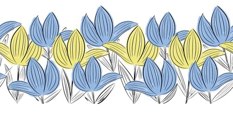 Horizontal tulips border in blue and yellow colors. Garland of spring flowers. Designed for textile fabrics, wrapping, frames.