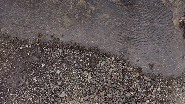 Aerial view of low tide seascape. Blue boat in low water ocean rounded of rocks and moss. Drone point of view of irish coast line at low tide