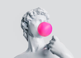 Vapor wave abstract style greek statue with bubble gum. Cyber punk style background concept. 3D...