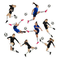 Fototapeta na wymiar Collage made of dynamic portraits of female soccer football players training with ball isolated white studio background. Sport, team, competition concept