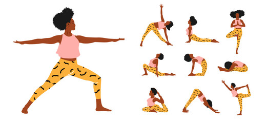 Set of African American young women wearing colorful sportswear doing yoga