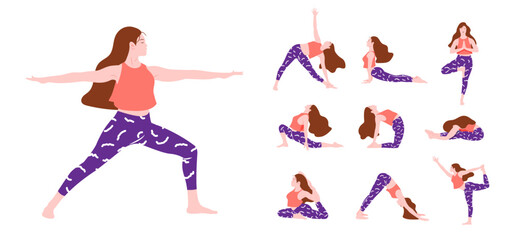 Set of young women with long hair wearing colorful sportswear doing yoga