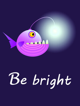 cute vector illustration. Cartoon style angler fish design with be bright lettering. Purple lantern fish for postcards, ads, calendars, posters, etc.