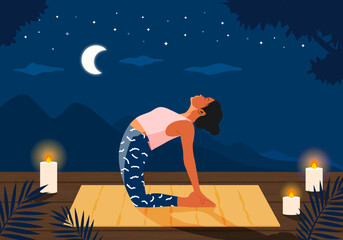 Young woman practices yoga in nature at night. Vector illustration in flat cartoon style