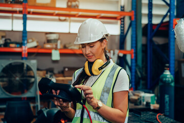 Woman Engineers is controlling robot arm machine welding steel, worker using forcing welding with a...