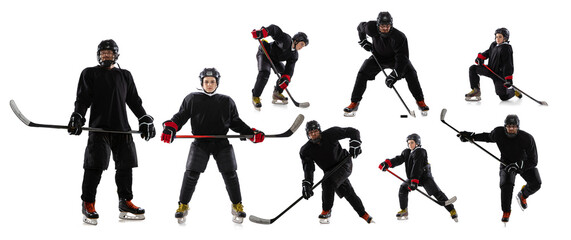 Set of images of two hockey players, beginner and professional sportsmen posing with hockey stick isolated on white background. Training, practicing, skills, education