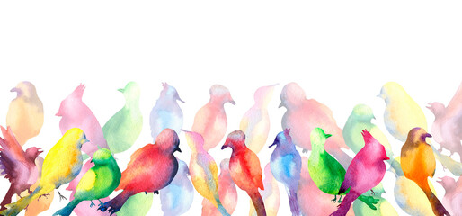 Banner of colorful birds silhouette watercolor illustration white background.