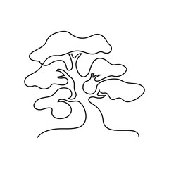 Tree in continuous line art drawing style. Bonsai plant black linear design isolated on white background. Vector illustration