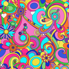 Psychedelic seamless doodle pattern. Decorative elements, spirals, flowers. Prints, packaging design, textiles, bedding and wallpaper.