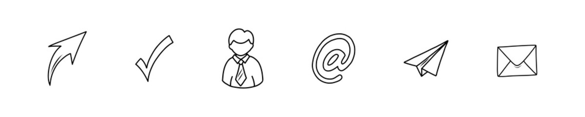 Simple business icons of sending mail. Set of vector hand drawn elements with user avatar, mail sign, letters