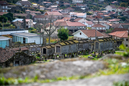 View of the granaries (espigueiros) in the historic village of Lindoso, Portugal.