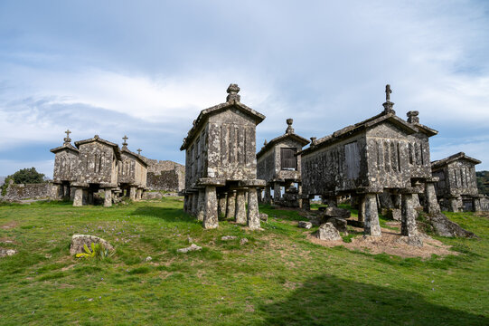 View of the granaries (espigueiros) in the historic village of Lindoso, Portugal.