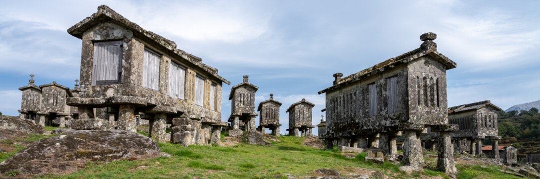 View of the granaries (espigueiros) in the historic village of Lindoso, Portugal.