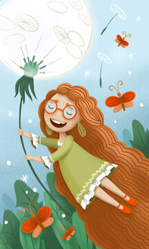 A cute cartoon girl with long red hair is flying holding onto a dandelion with butterflies
