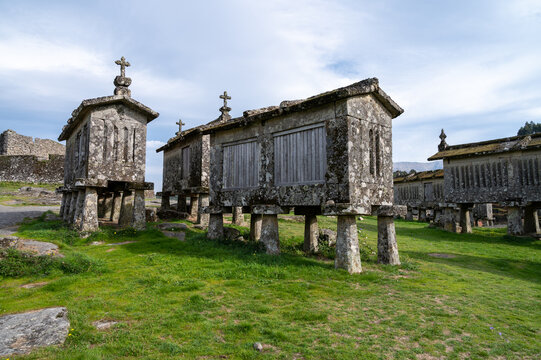 View of the granaries (espigueiros) in the historic village of Lindoso, Portugal.