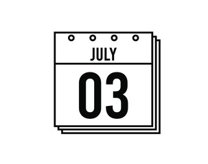 July 3 calendar. July month calendar black and white icon. Simple 3D vector.