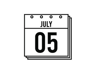 July 5 calendar. July month calendar black and white icon. Simple 3D vector.