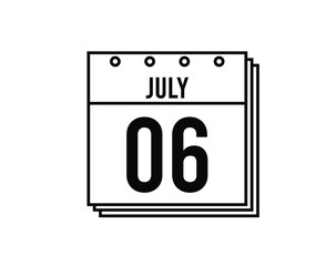 July 6 calendar. July month calendar black and white icon. Simple 3D vector.