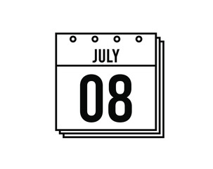 July 8 calendar. July month calendar black and white icon. Simple 3D vector.