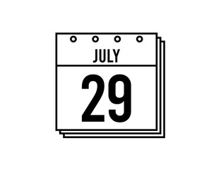 July 29 calendar. July month calendar black and white icon. Simple 3D vector.