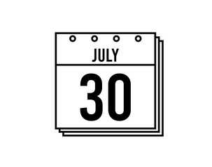July 30 calendar. July month calendar black and white icon. Simple 3D vector.