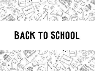 Black and white back to school banner made of doodle elements. School banner for students for the beginning of the school year. Vector hand-drawn illustration with editable text. 