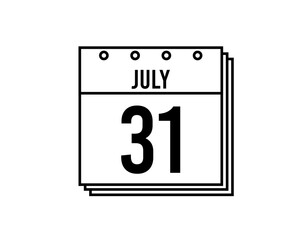 July 31 calendar. July month calendar black and white icon. Simple 3D vector.