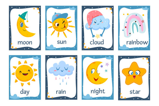 Weather flash cards set. Printable flashcard collection with cute sun, moon, colorful rainbow, funny cloud and happy star for preschool years and kindergarten kids flat vector illustration.