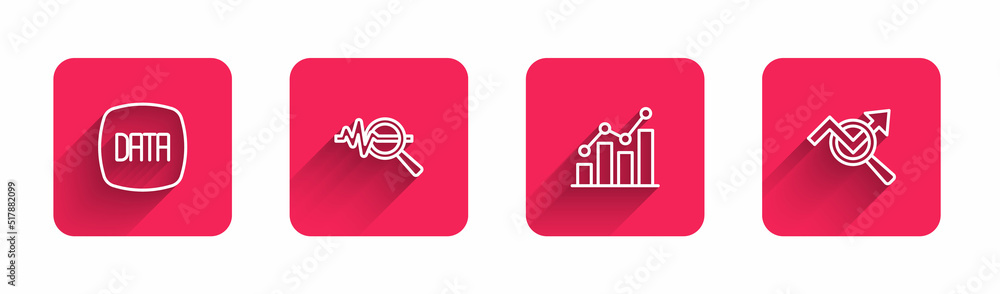 Aufkleber set line data analysis, search data, pie chart infographic and with long shadow. red square button. 