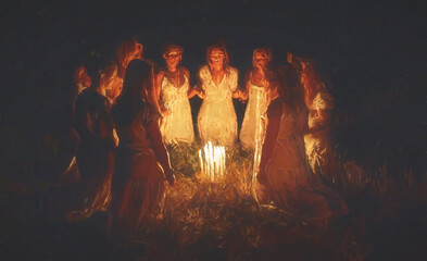 Women at the night ceremony. Ceremony space. Painting effect.
