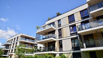 Obraz premium Modern apartment building facade, new apartment buildings exterior.