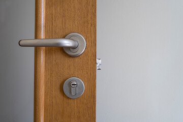 Obraz premium Close interior doors. Shiny doorknob on a wooden door. The concept of interior details.