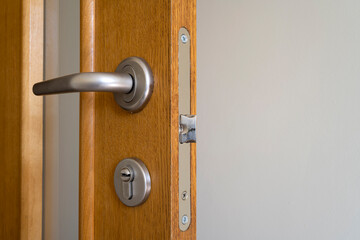 Obraz premium Close interior doors. Shiny doorknob on a wooden door. The concept of interior details.