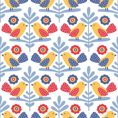 Vector seamless pattern with birds and flowers. Illustration on flat style. Hand drawn background with folk motifs. - 517882808
