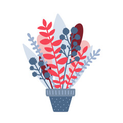 Vector illustration on a flat style. Leaves and flowers in pot. Bouquet of plants in a vase. - 517882810
