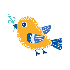 Vector hand drawn bird with plant. Yellow and blue bird taking a leave. Illustration in flat style. - 517882814