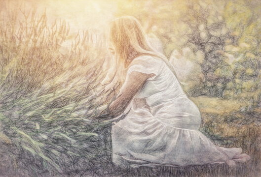 Woman collect lavender. Woman in the lavender field. Painting effect.