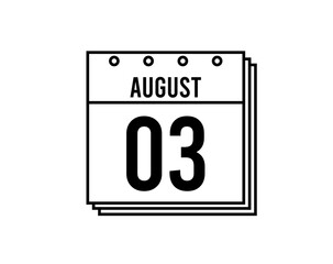 August 3 calendar. August month calendar black and white icon. Simple 3D vector.