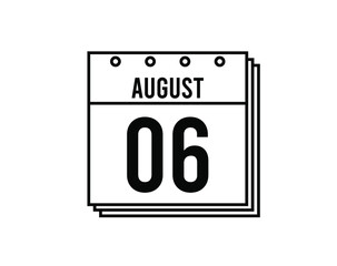 August 6 calendar. August month calendar black and white icon. Simple 3D vector.