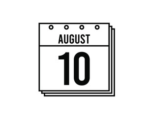 August 10 calendar. August month calendar black and white icon. Simple 3D vector.