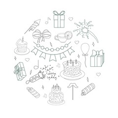 A set of icons, holiday elements, gifts, cakes and more. Vector illustration, doodle style.