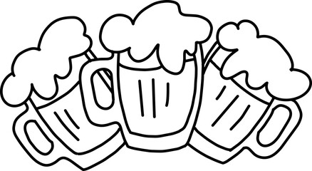 Beer mug full of foamy cold drink. Traditional German beverage. Octoberfest symbol, brewery logo, advertising sign for poster design or postcard. Hand drawn illustration. Cartoon style vector drawing.